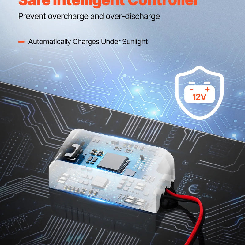 VEVOR 20 W 12 V saules paneļa akumulatora uzturuzlādes lādētājs ar iebūvētu viedo kontrolieri un 3 pieslēguma kabeļiem, IP67 ūdensizturīgs, pārnēsājams kemperiem, automašīnām, motocikliem, laivām un furgoniem