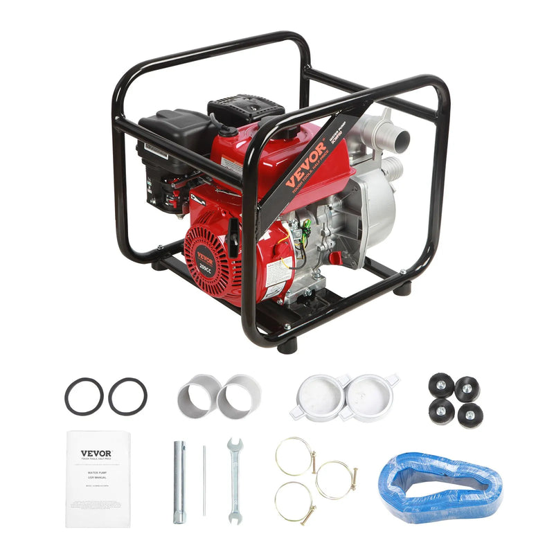 VEVOR 4-taktu benzīna ūdens sūknis, 51 mm ieplūde/izplūde, 5 kW (7 ZS), 537 l/min plūsma, 45 m pacēlums, 6,7 m sūkšana, pārnēsājams augstspiediena sūknis ar 7,6 m šļūteni apūdeņošanai un baseiniem, EPA sertificēts