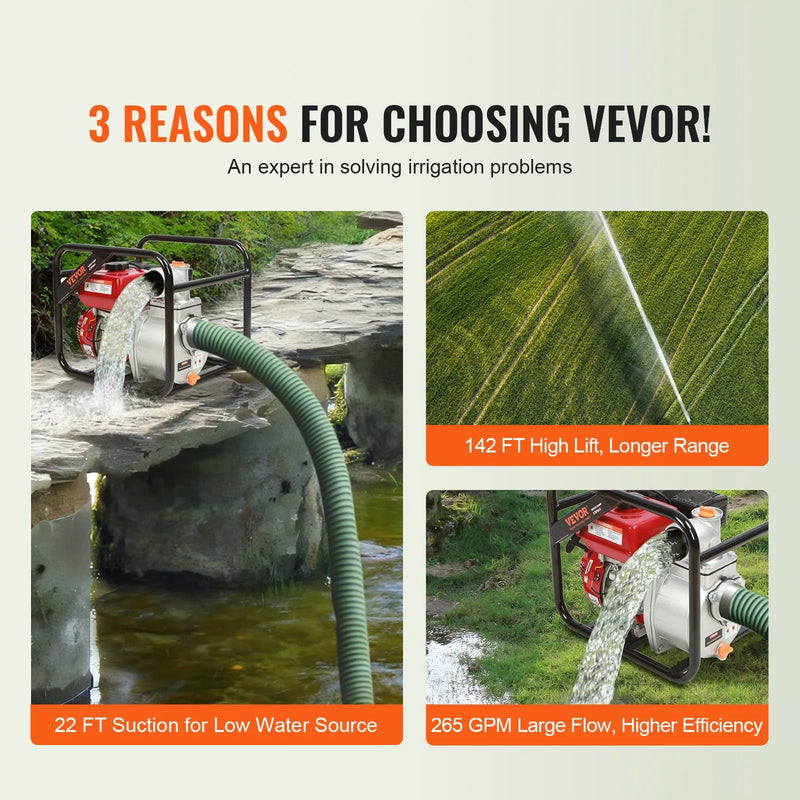 VEVOR 4-taktu benzīna ūdens sūknis, 7,6 cm ieplūde/izplūde, 5,2 kW (7 ZS), 1003,5 l/min plūsma, 43,3 m pacēlums, 6,7 m sūkšana, ar 7,6 m šļūteni apūdeņošanai un baseinu ūdens maiņai, EPA sertificēts.