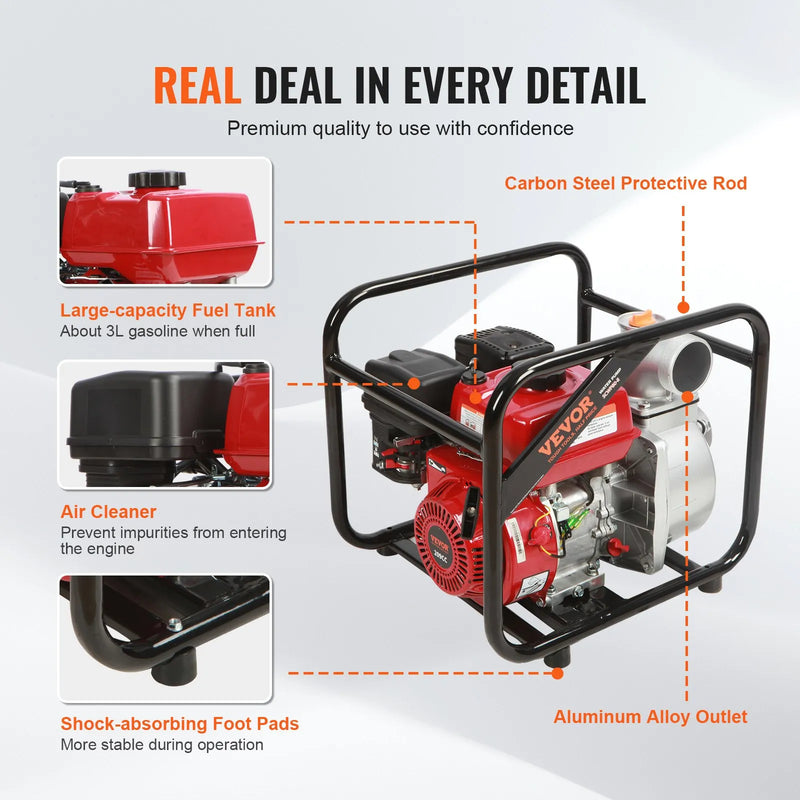 VEVOR 4-taktu benzīna ūdens sūknis, 7,6 cm ieplūde/izplūde, 5,2 kW (7 ZS), 1003,5 l/min plūsma, 43,3 m pacēlums, 6,7 m sūkšana, ar 7,6 m šļūteni apūdeņošanai un baseinu ūdens maiņai, EPA sertificēts.