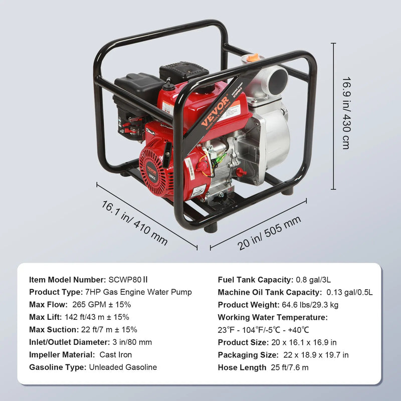 VEVOR 4-taktu benzīna ūdens sūknis, 7,6 cm ieplūde/izplūde, 5,2 kW (7 ZS), 1003,5 l/min plūsma, 43,3 m pacēlums, 6,7 m sūkšana, ar 7,6 m šļūteni apūdeņošanai un baseinu ūdens maiņai, EPA sertificēts.