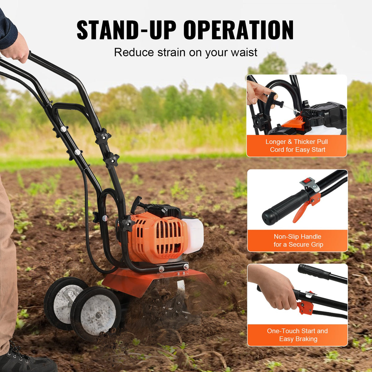 VEVOR Petrol Cultivator 43 cc, 2-Stroke, with 4 Front Steel Tines