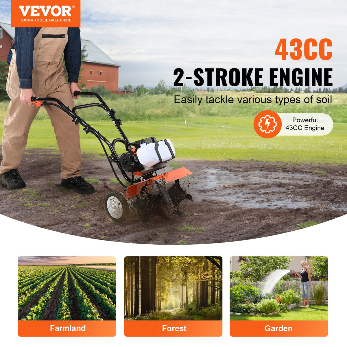 VEVOR Petrol Cultivator 43 cc, 2-Stroke, with 4 Front Steel Tines