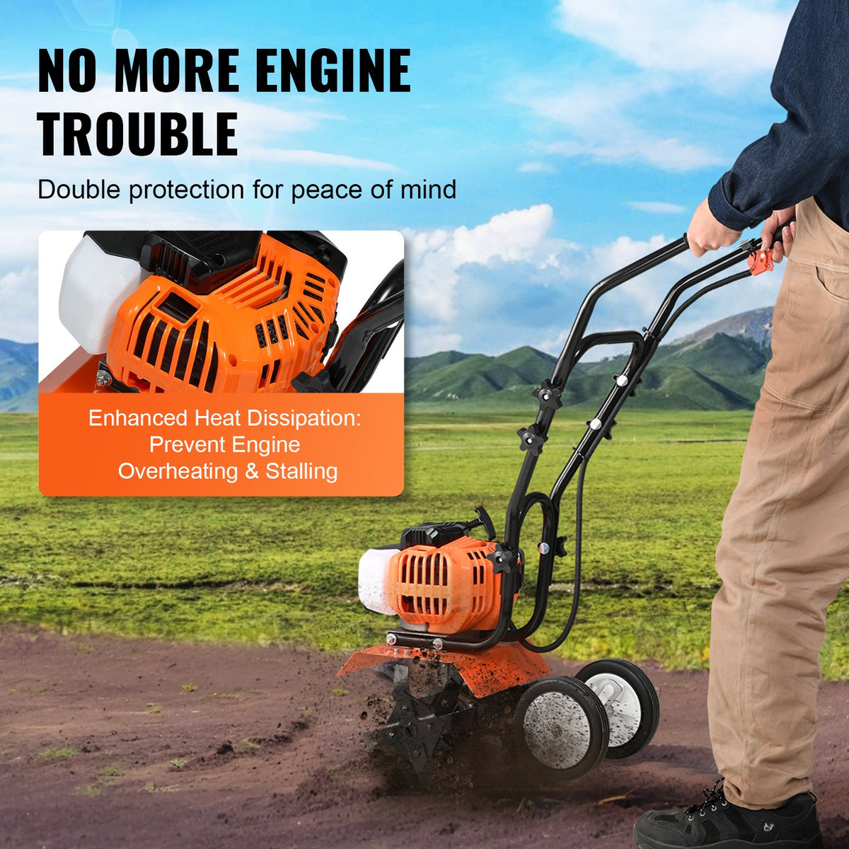 VEVOR Petrol Cultivator 43 cc, 2-Stroke, with 4 Front Steel Tines