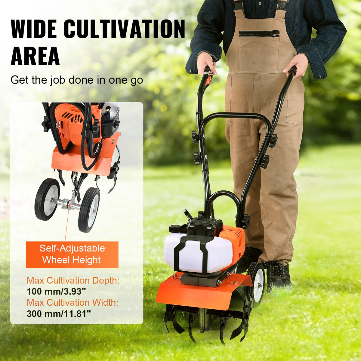 VEVOR Petrol Cultivator 43 cc, 2-Stroke, with 4 Front Steel Tines