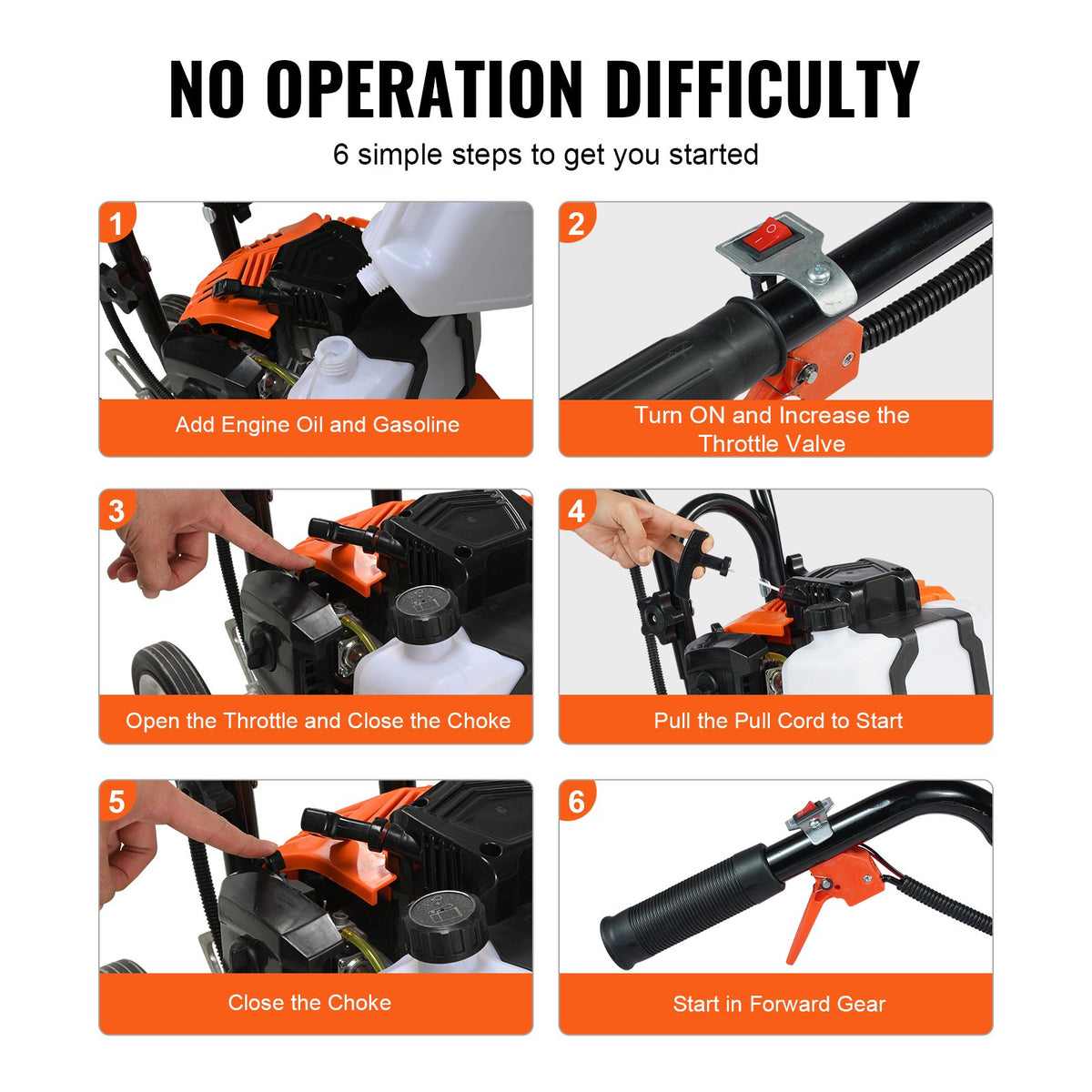 VEVOR Petrol Cultivator 43 cc, 2-Stroke, with 4 Front Steel Tines