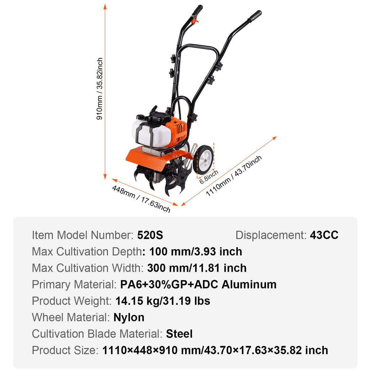 VEVOR Petrol Cultivator 43 cc, 2-Stroke, with 4 Front Steel Tines