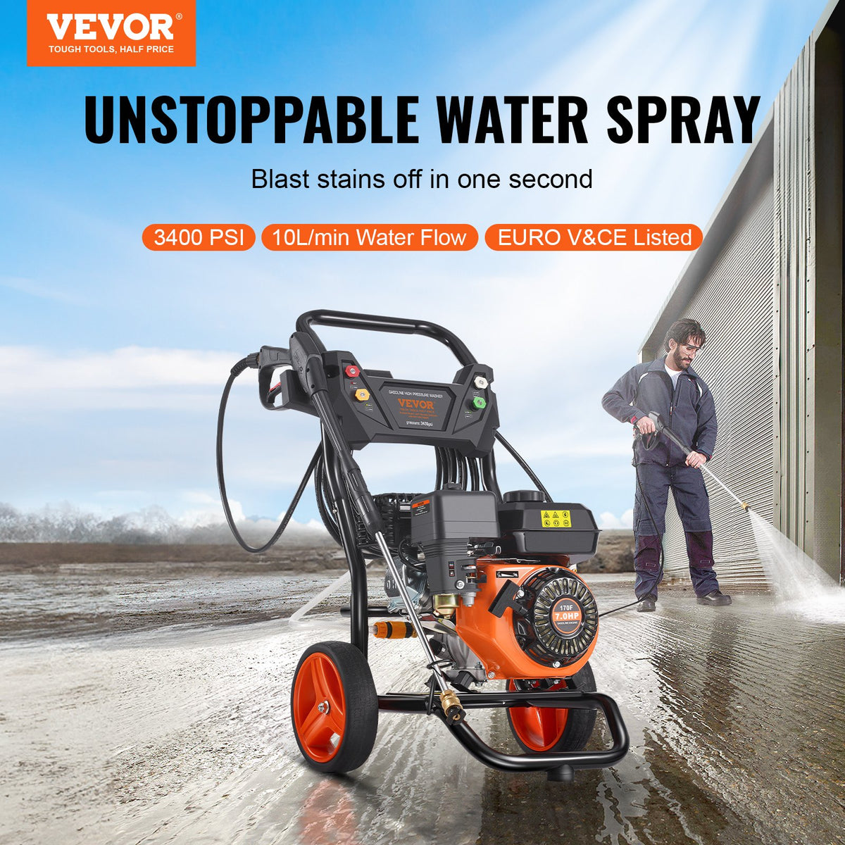 VEVOR benzīna augstspiediena mazgātājs, 3400 PSI, 9,8 l/min, ar 5 sprauslu komplektu automašīnām, vertikāls