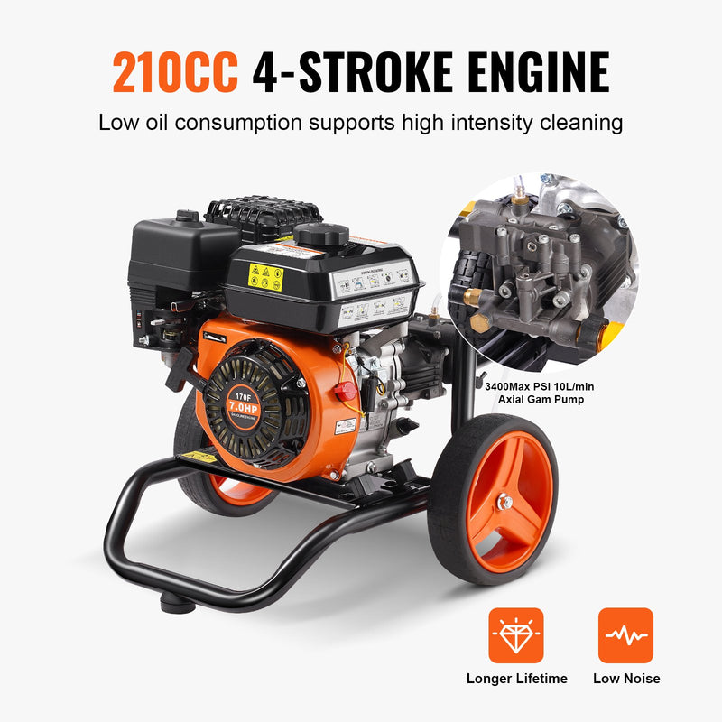 VEVOR gāzes augstspiediena mazgātājs, 3400 PSI, 9,8 l/min, ar 5 sprauslu komplektu automašīnām, vertikāls