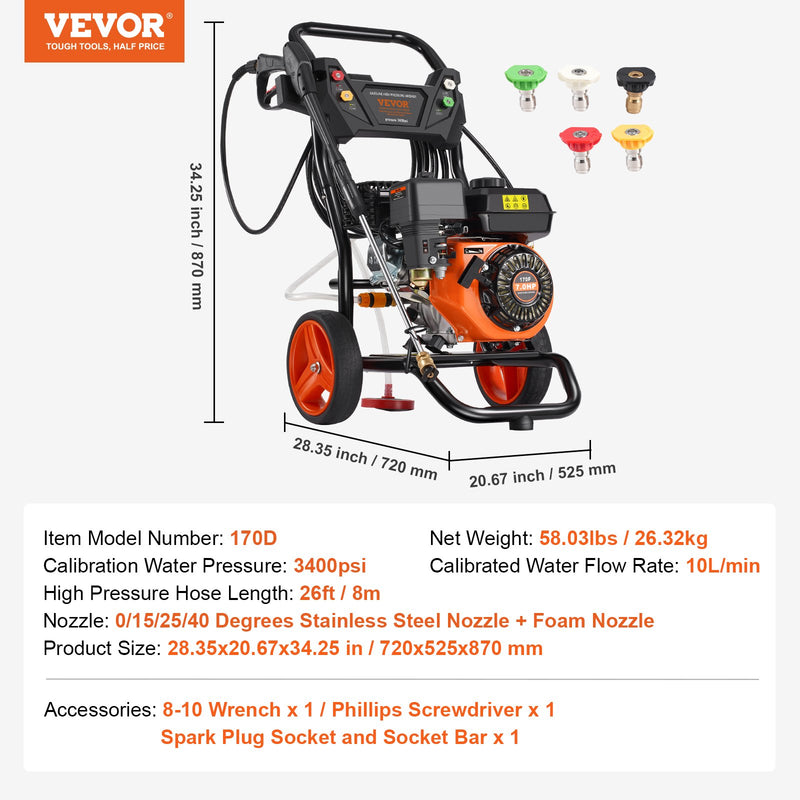VEVOR gāzes augstspiediena mazgātājs, 3400 PSI, 9,8 l/min, ar 5 sprauslu komplektu automašīnām, vertikāls