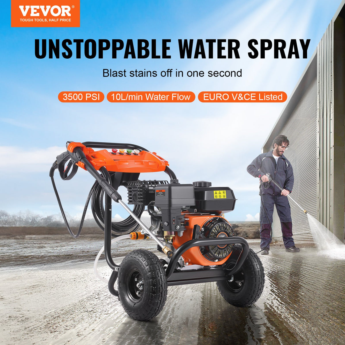 VEVOR benzīna augstspiediena mazgātājs, 3500 PSI, 10 l/min, 2,6 GPM, ar 5 sprauslu komplektu automašīnām