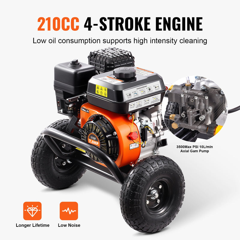VEVOR gāzes augstspiediena mazgātājs, 3500 PSI, 10 l/min, 2,6 GPM, ar 5 sprauslu komplektu automašīnām