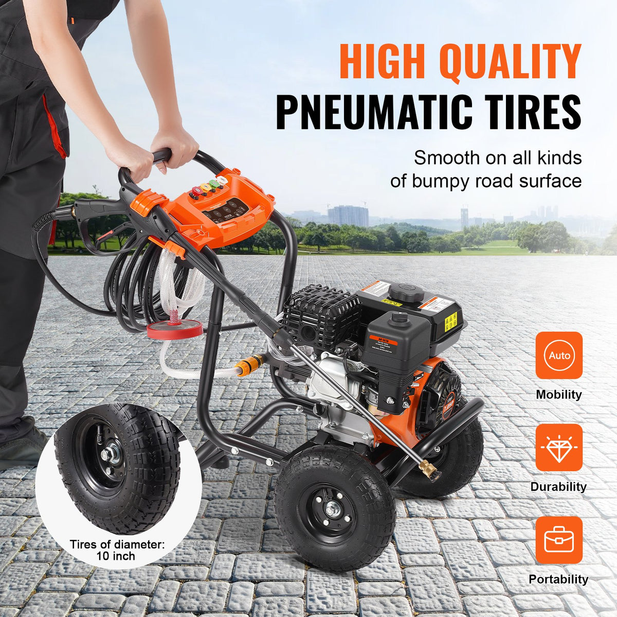 VEVOR benzīna augstspiediena mazgātājs, 3500 PSI, 10 l/min, 2,6 GPM, ar 5 sprauslu komplektu automašīnām