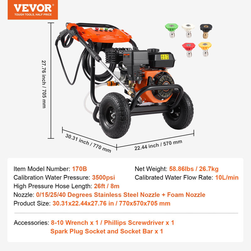 VEVOR gāzes augstspiediena mazgātājs, 3500 PSI, 10 l/min, 2,6 GPM, ar 5 sprauslu komplektu automašīnām
