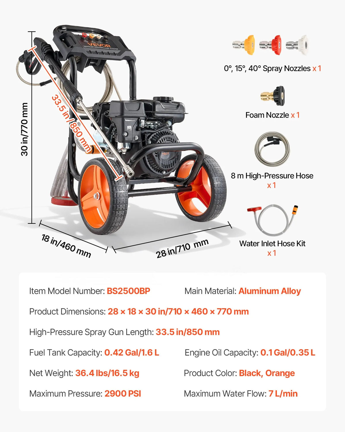 VEVOR benzīna augstspiediena mazgātājs 200 bar, līdz 7 l/min, ar alumīnija sūkni, smidzināšanas pistoli un sprauslu komplektu, piemērots automašīnām, žogiem, piebraucamajiem ceļiem, mājām, terasēm un mēbelēm - ZEMLETES.LV