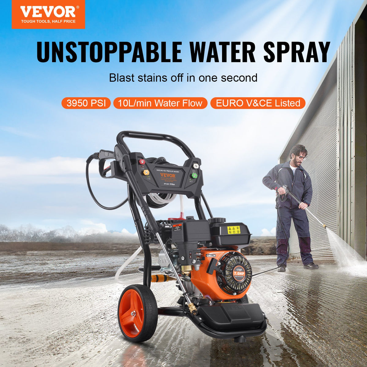 VEVOR Benzīna augstspiediena mazgātājs 3950 PSI, 10 l/min, 2,6 GPM ar 5 sprauslu komplektu automašīnām
