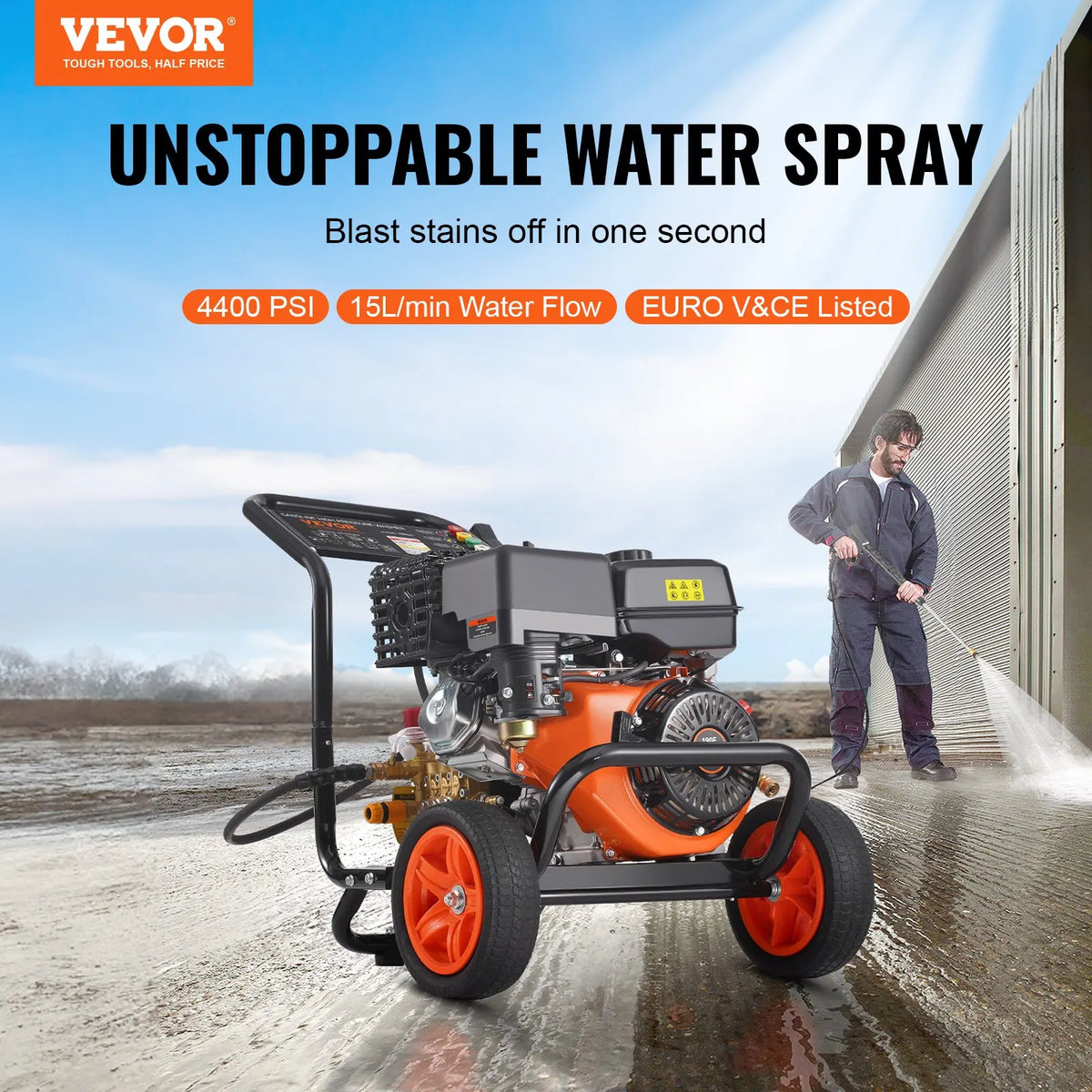 VEVOR Petrol High Pressure Washer with 275 bar Pressure, 15 L/min Water Flow, Brass Pump, Spray Gun and Extension Lance, 5 Nozzle Set for Car, Fence, House, Driveway, Patio and Furniture Cleaning