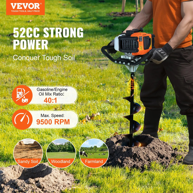 Benzīna bedrīšu rakšanas urbis 52CC 1450W ar 152 mm un 254 mm urbja uzgaļiem un 3 pagarinājuma stieņiem