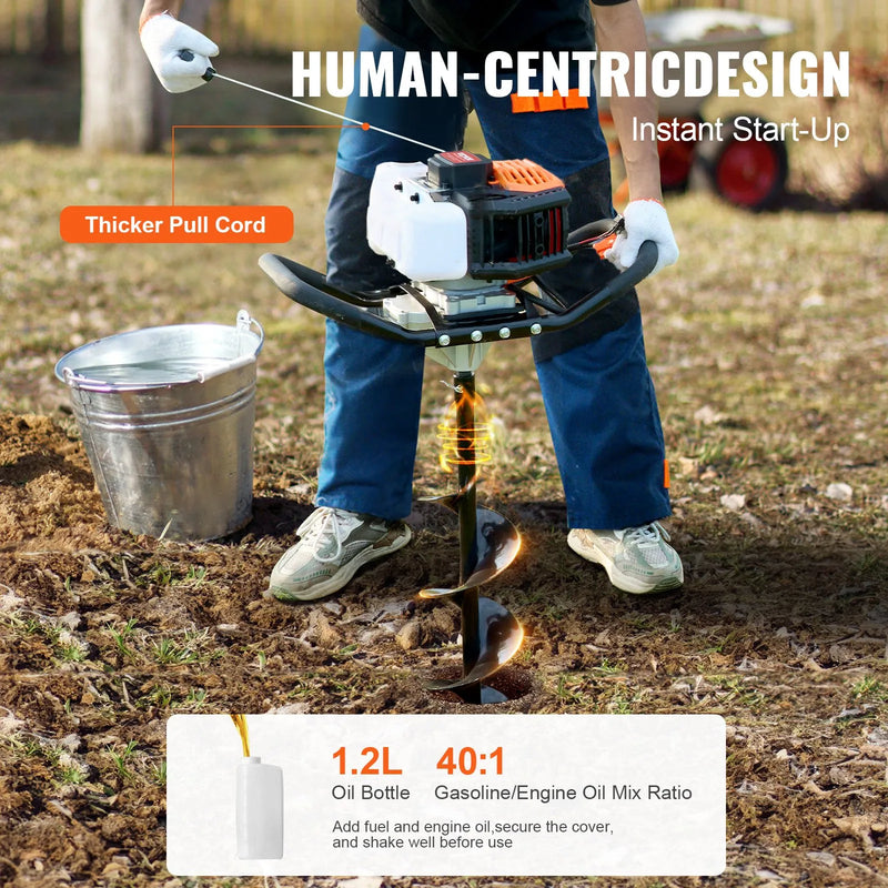 Benzīna bedrīšu rakšanas urbis 52CC 1450W ar 152 mm un 254 mm urbja uzgaļiem un 3 pagarinājuma stieņiem