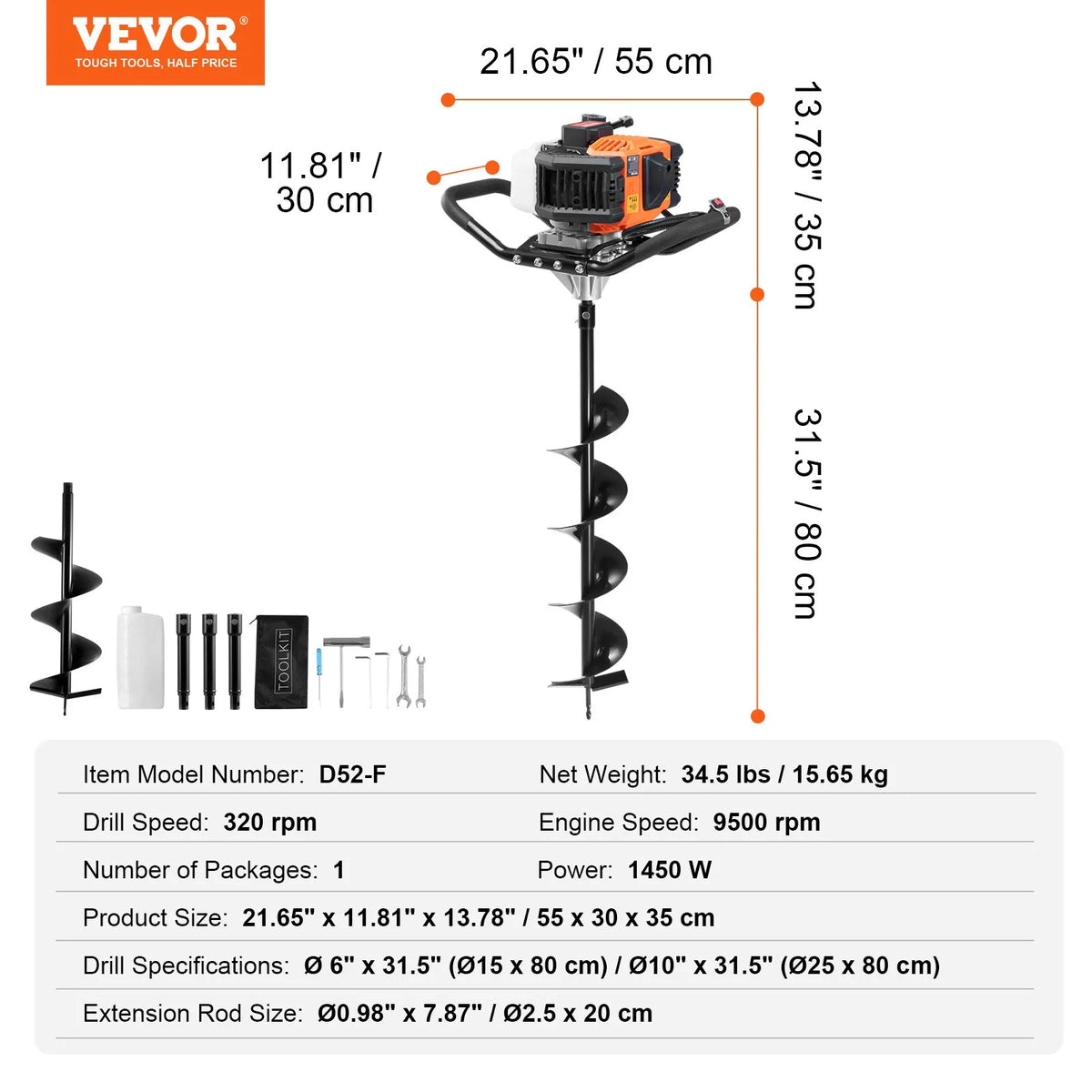 VEVOR bensiini aukupuur 52 cm³, 1450 W, 152 ja 254 mm puuri ning 3 pikendusega