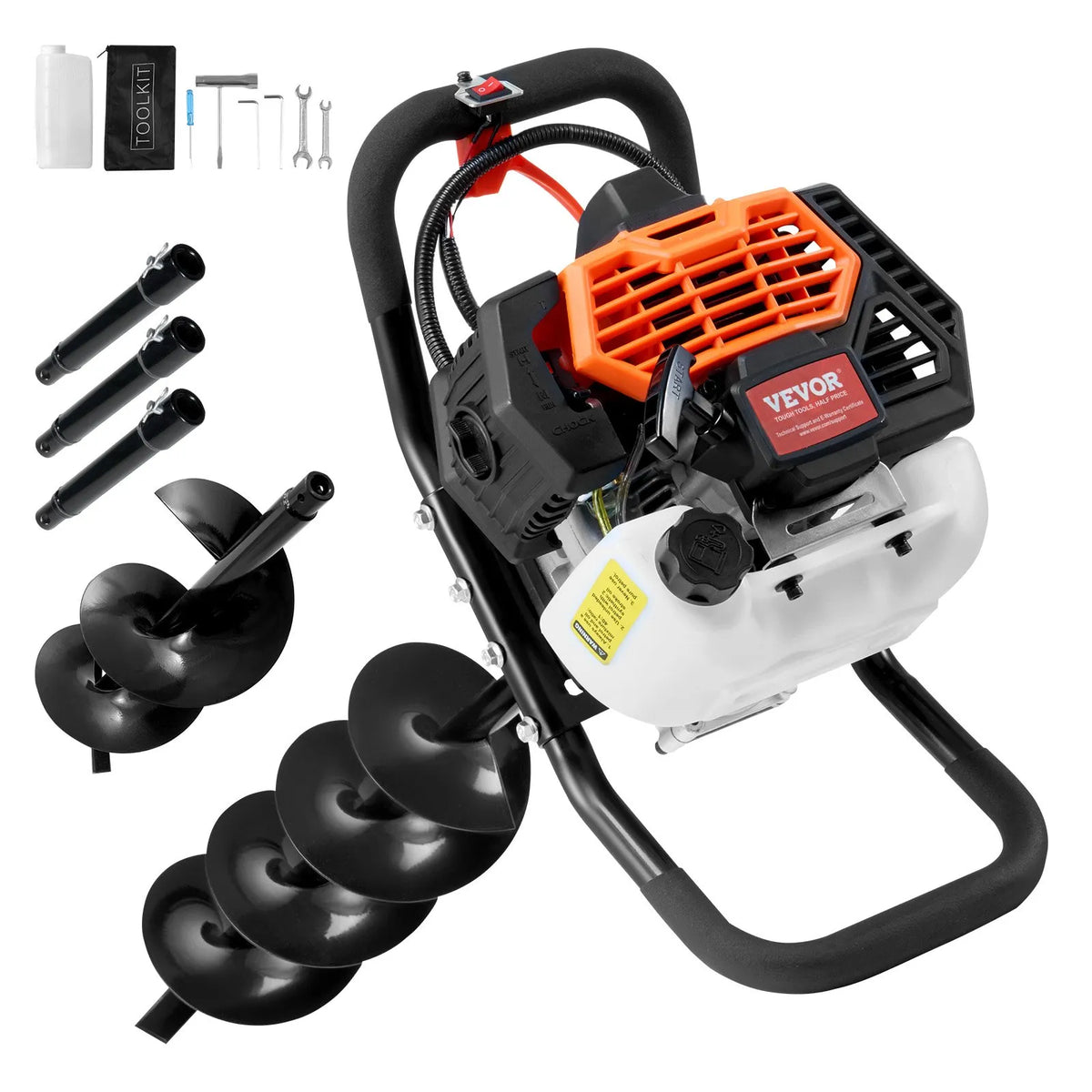 VEVOR bensiini aukupuur 52 cm³, 1450 W, 152 ja 254 mm puuri ning 3 pikendusega