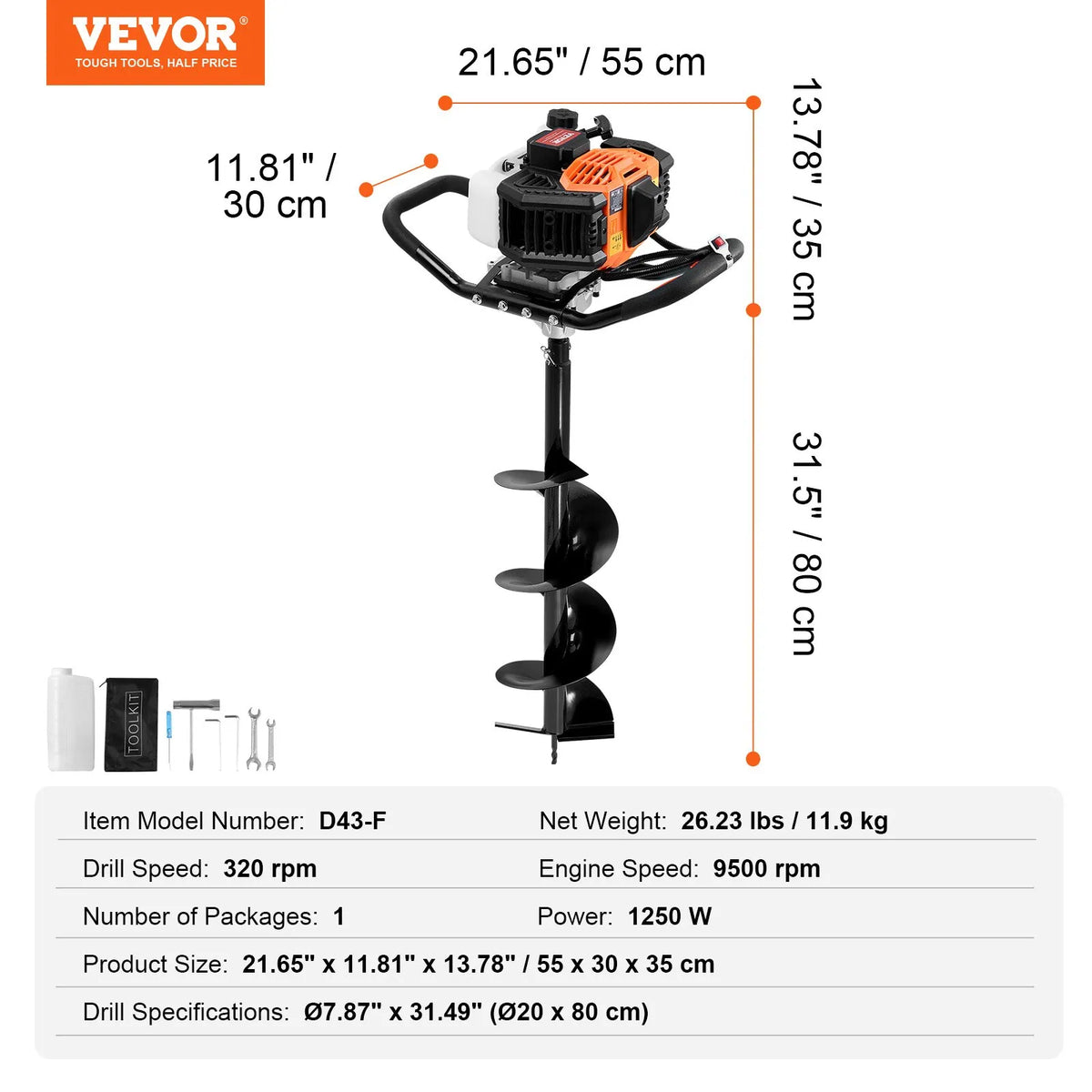 VEVOR bensiini aukupuur 43 cm³, 1250 W, 203 mm puuriga