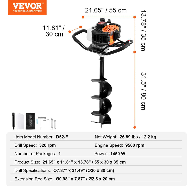 Benzīna bedrīšu rakšanas urbis 52CC 1450W ar 203 mm urbja uzgali un pagarinājuma stieni