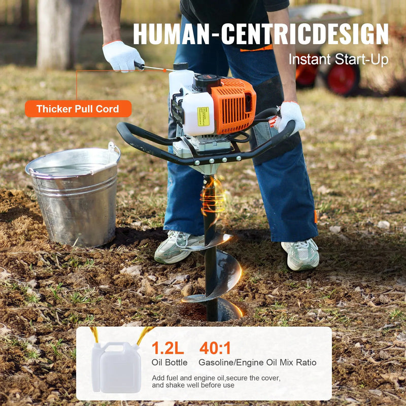 Benzīna bedrīšu rakšanas urbis 63CC 2400W ar 203 mm urbja uzgali un 1 pagarinājuma stieni