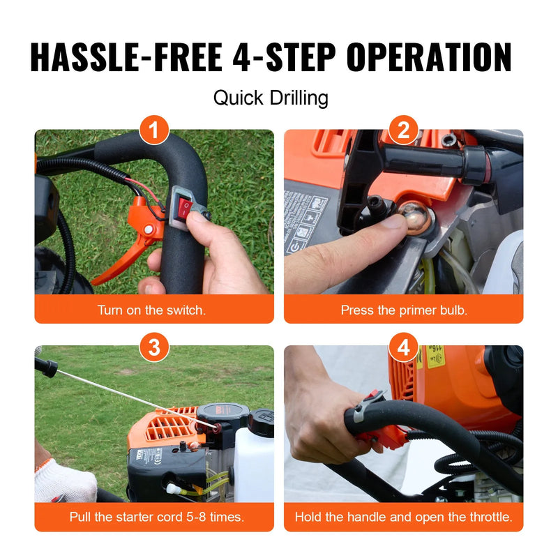 Benzīna bedrīšu rakšanas urbis 63CC 2400W ar 203 mm urbja uzgali un 1 pagarinājuma stieni