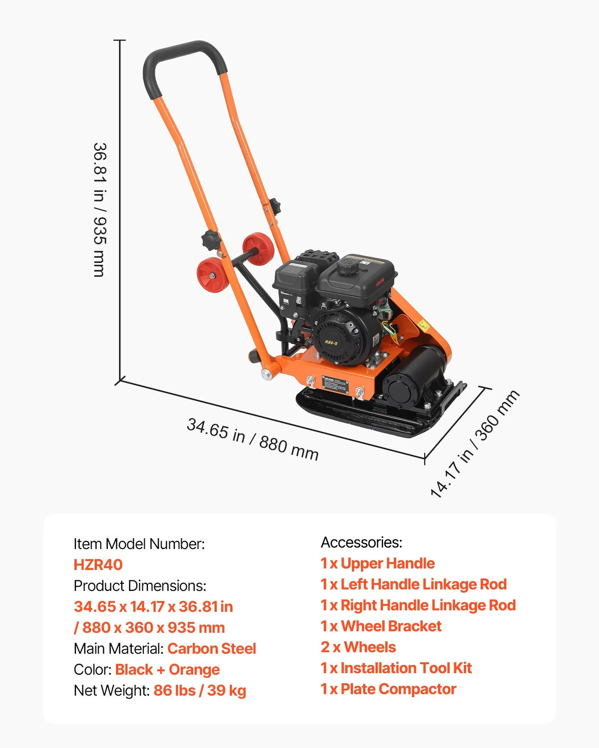 VEVOR vibroplate ar 2 ZS 79 cm³ benzīna dzinēju, 5250 vibrācijas/min, 8 kN blietēšanas spēks, 41 × 31,5 cm plāksne, augsnes blietētājs bruģim, asfaltam, pamatiem un gruntij - ZEMLETES.LV