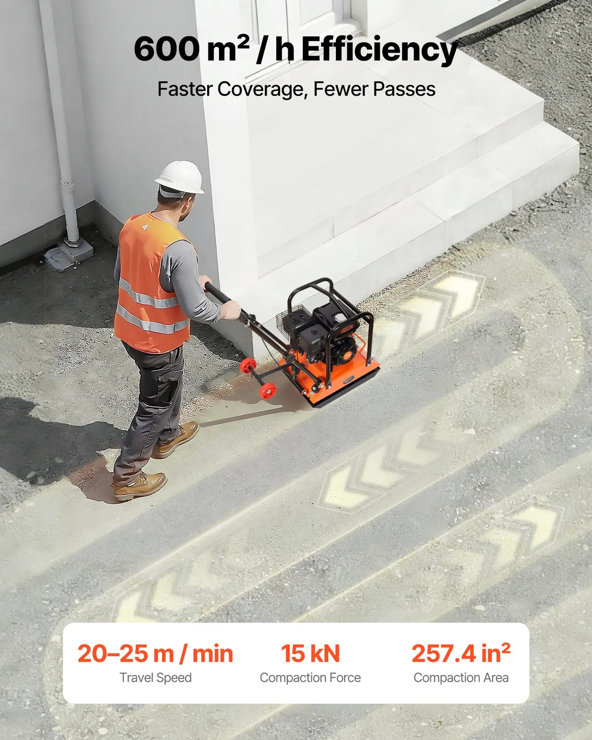 VEVOR vibroplate ar 6,5 ZS 212 cm³ benzīna dzinēju, 6400 vibrācijas/min, 15 kN blietēšanas spēks, 53 × 40 cm plāksne, pašgājēja augsnes blietētājs bruģim, asfaltam, pamatiem un gruntij - ZEMLETES.LV