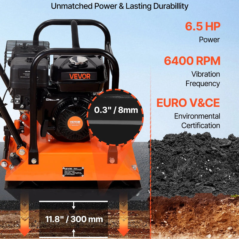 VEVOR vibroplate ar 6,5 ZS 212 cm³ benzīna dzinēju, 6400 vibrācijas/min, 15 kN blietēšanas spēks, 53 × 40 cm plāksne, pašgājēja augsnes blietētājs bruģim, asfaltam, pamatiem un gruntij