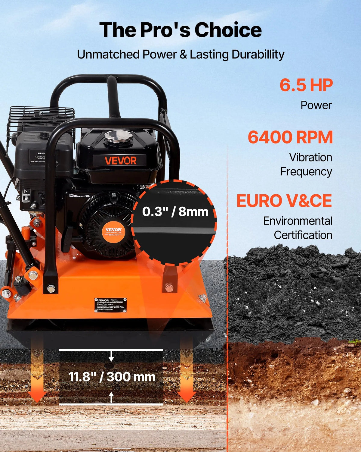 VEVOR vibroplate ar 6,5 ZS 212 cm³ benzīna dzinēju, 6400 vibrācijas/min, 15 kN blietēšanas spēks, 53 × 40 cm plāksne, pašgājēja augsnes blietētājs bruģim, asfaltam, pamatiem un gruntij - ZEMLETES.LV