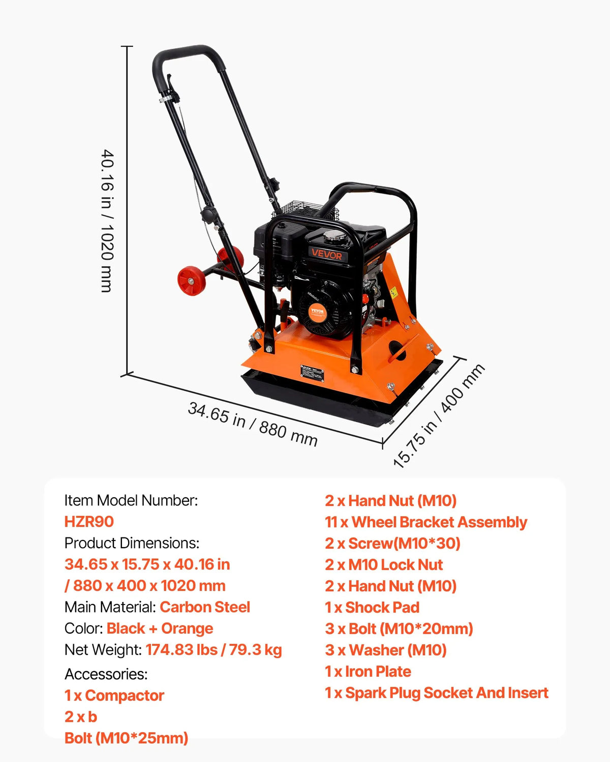 VEVOR vibroplate ar 6,5 ZS 212 cm³ benzīna dzinēju, 6400 vibrācijas/min, 15 kN blietēšanas spēks, 53 × 40 cm plāksne, pašgājēja augsnes blietētājs bruģim, asfaltam, pamatiem un gruntij - ZEMLETES.LV