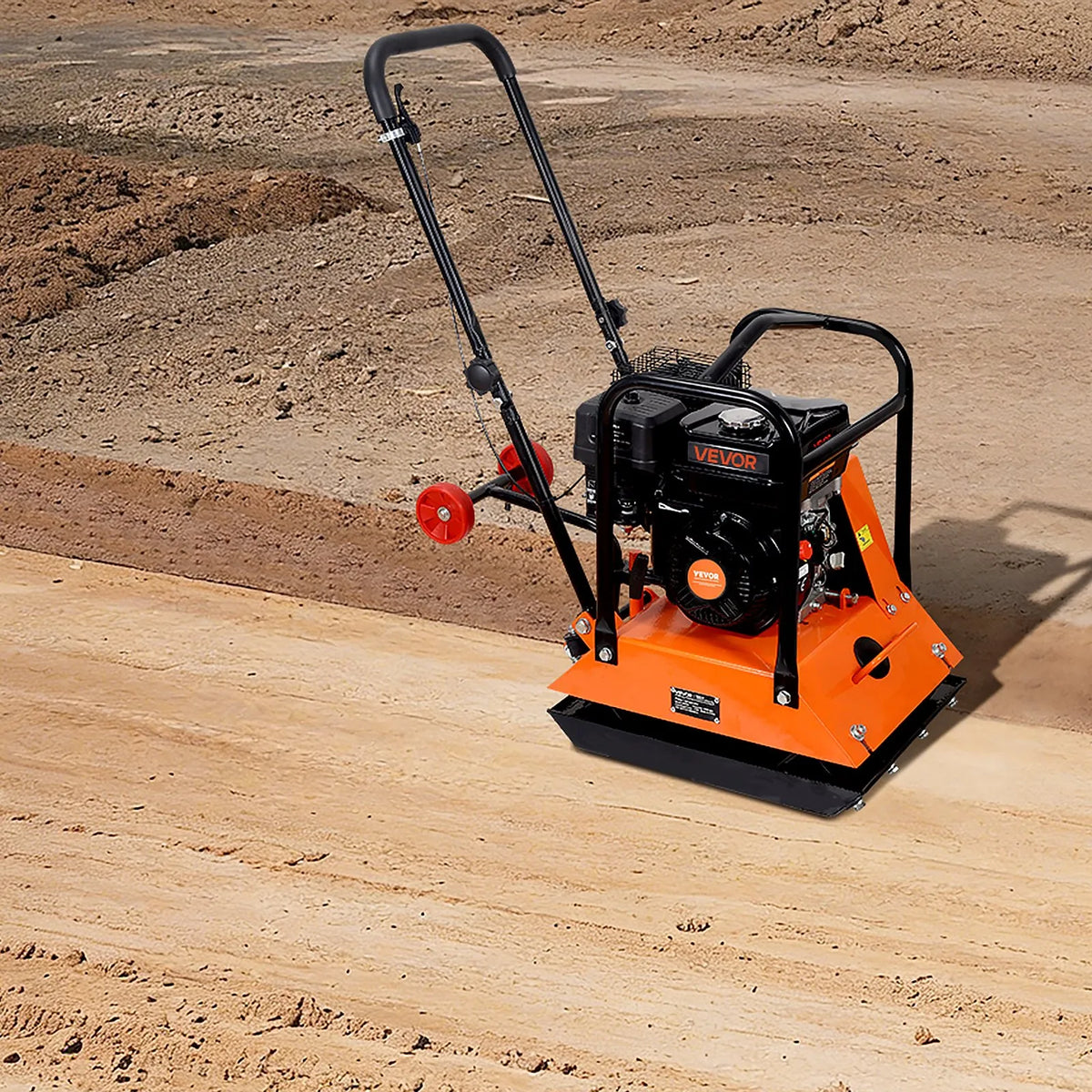 VEVOR vibroplate ar 6,5 ZS 212 cm³ benzīna dzinēju, 6400 vibrācijas/min, 15 kN blietēšanas spēks, 53 × 40 cm plāksne, pašgājēja augsnes blietētājs bruģim, asfaltam, pamatiem un gruntij - ZEMLETES.LV