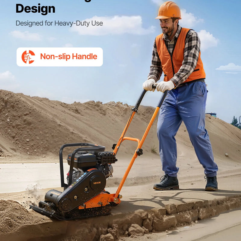 VEVOR vibroplate ar 6,5 ZS 196 cm³ benzīna dzinēju, 5600 vibrācijas/min, 10,5 kN blietēšanas spēks, 51 × 37 cm plāksne, augsnes blietētājs bruģim, asfaltam, pamatiem un gruntij