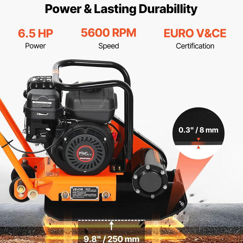 VEVOR vibroplate ar 6,5 ZS 196 cm³ benzīna dzinēju, 5600 vibrācijas/min, 10,5 kN blietēšanas spēks, 51 × 37 cm plāksne, augsnes blietētājs bruģim, asfaltam, pamatiem un gruntij