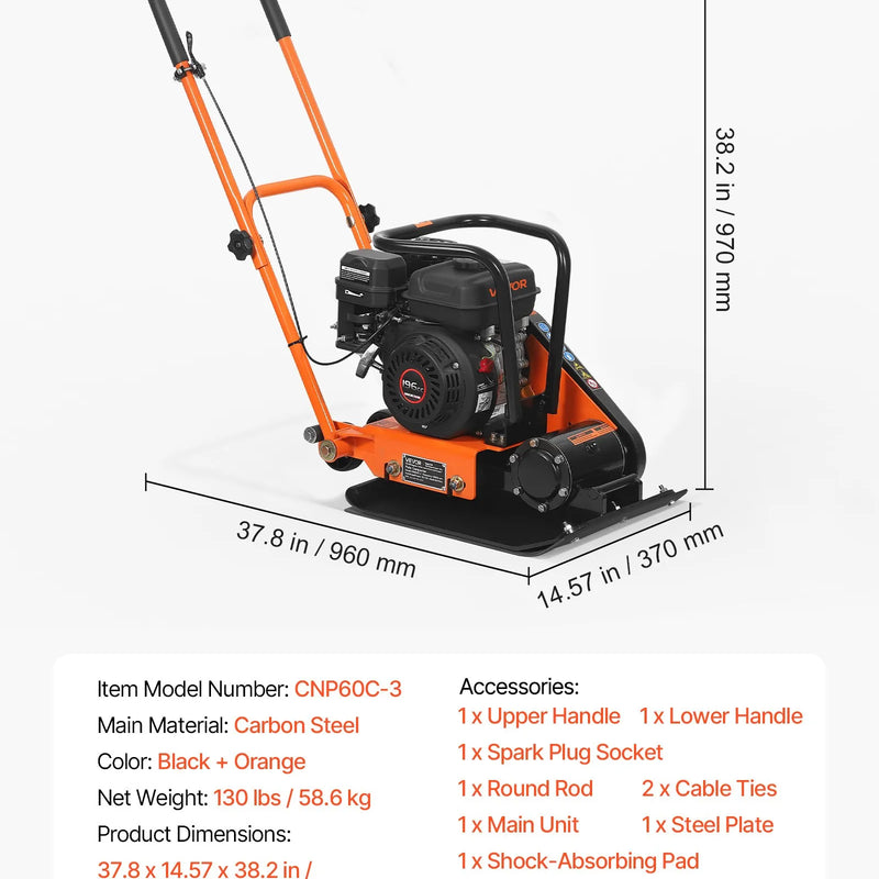 VEVOR vibroplate ar 6,5 ZS 196 cm³ benzīna dzinēju, 5600 vibrācijas/min, 10,5 kN blietēšanas spēks, 51 × 37 cm plāksne, augsnes blietētājs bruģim, asfaltam, pamatiem un gruntij