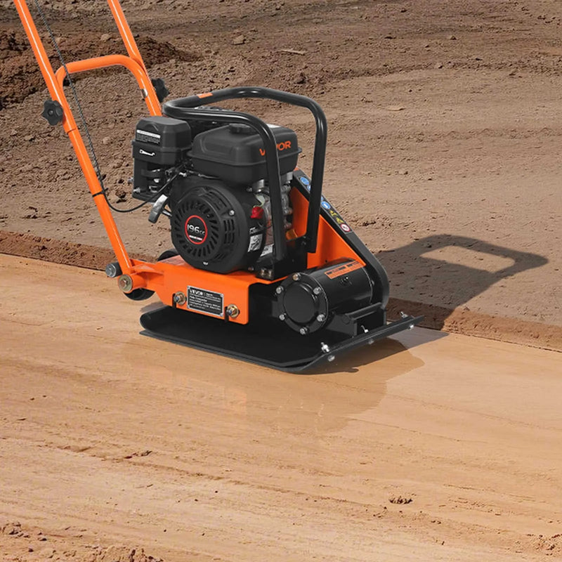 VEVOR vibroplate ar 6,5 ZS 196 cm³ benzīna dzinēju, 5600 vibrācijas/min, 10,5 kN blietēšanas spēks, 51 × 37 cm plāksne, augsnes blietētājs bruģim, asfaltam, pamatiem un gruntij