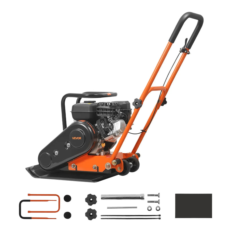 VEVOR vibroplate ar 6,5 ZS 196 cm³ benzīna dzinēju, 5600 vibrācijas/min, 10,5 kN blietēšanas spēks, 51 × 37 cm plāksne, augsnes blietētājs bruģim, asfaltam, pamatiem un gruntij