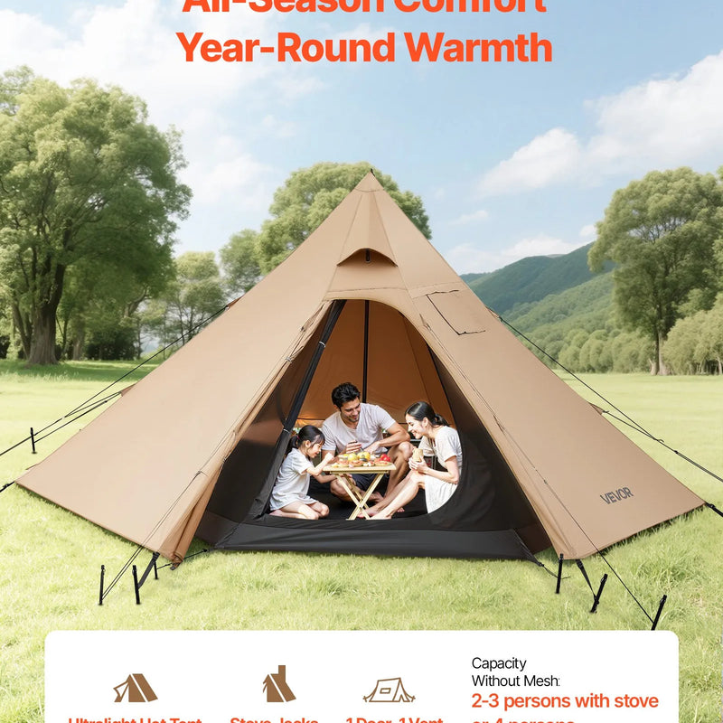 Telts ar krāsns izvadu 4 personām – kempinga tipa tipiju telts ar iekšējo telti, sniega aizsargmali un vieglu uzstādīšanu. Piemērota ziemas kempingam, makšķerēšanai un pārgājieniem. Ūdensnecaurlaidīga, četru sezonu lietošanai paredzēta pārnēsājama telts.