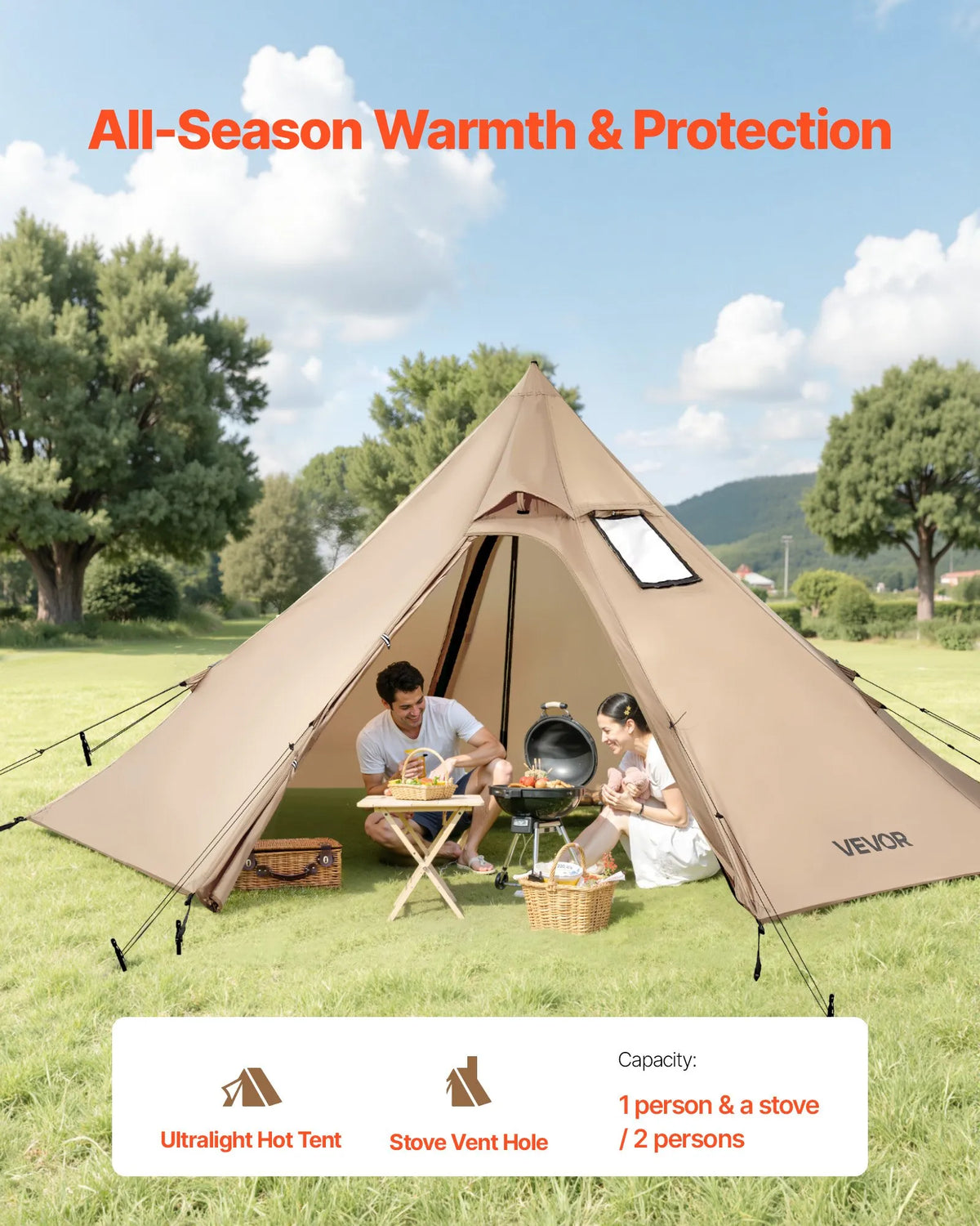 Two-person winter tipi tent with stove jack, waterproof cotton camping tent, lightweight 4-season hiking and fishing tent, portable S size outdoor shelter