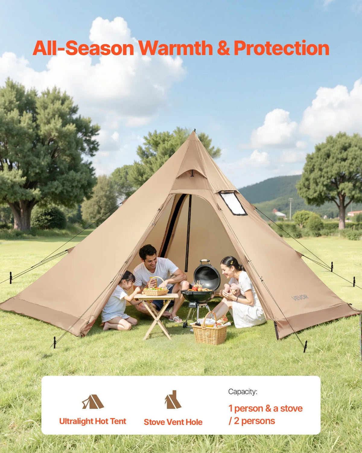 Winter Tipi Tent 4 Person with Stove Jack, Waterproof Portable Cotton Canvas 4 Season Tent for Hiking, Fishing and Camping, Size M