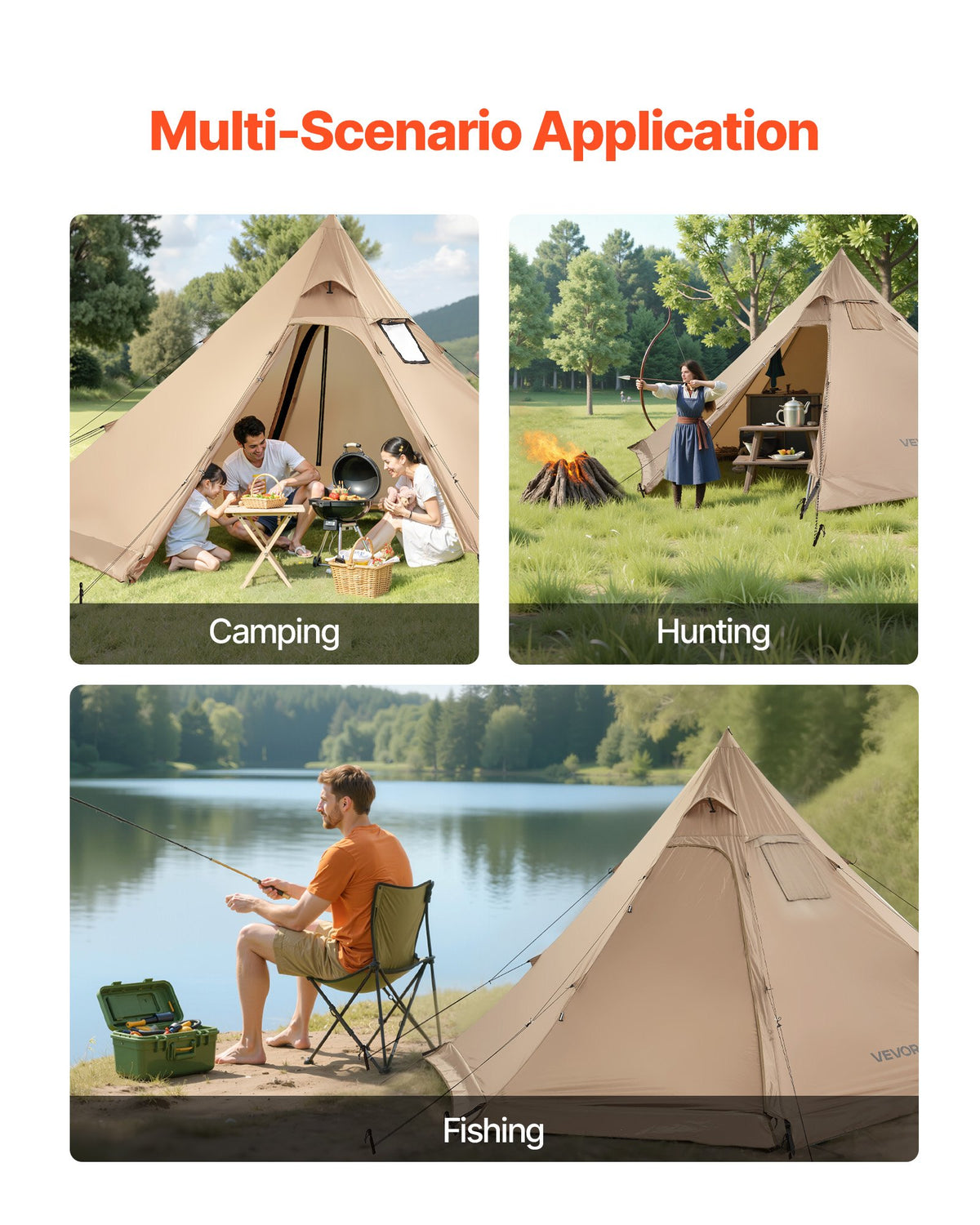 Winter Tipi Tent 4 Person with Stove Jack, Waterproof Portable Cotton Canvas 4 Season Tent for Hiking, Fishing and Camping, Size M