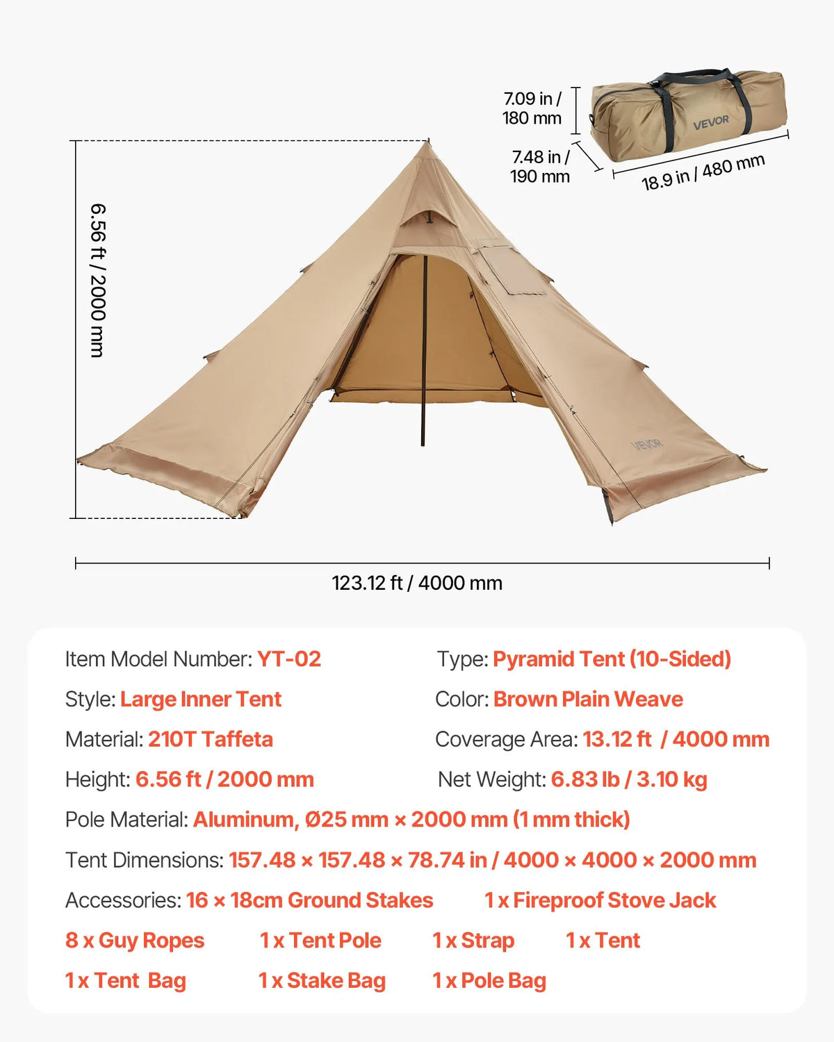 Winter Tipi Tent 4 Person with Stove Jack, Waterproof Portable Cotton Canvas 4 Season Tent for Hiking, Fishing and Camping, Size M
