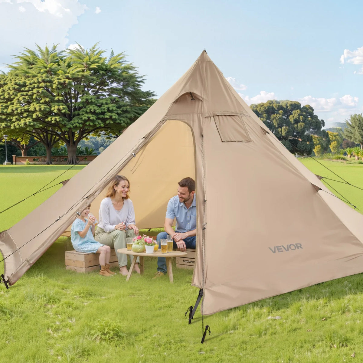 Winter Tipi Tent 4 Person with Stove Jack, Waterproof Portable Cotton Canvas 4 Season Tent for Hiking, Fishing and Camping, Size M