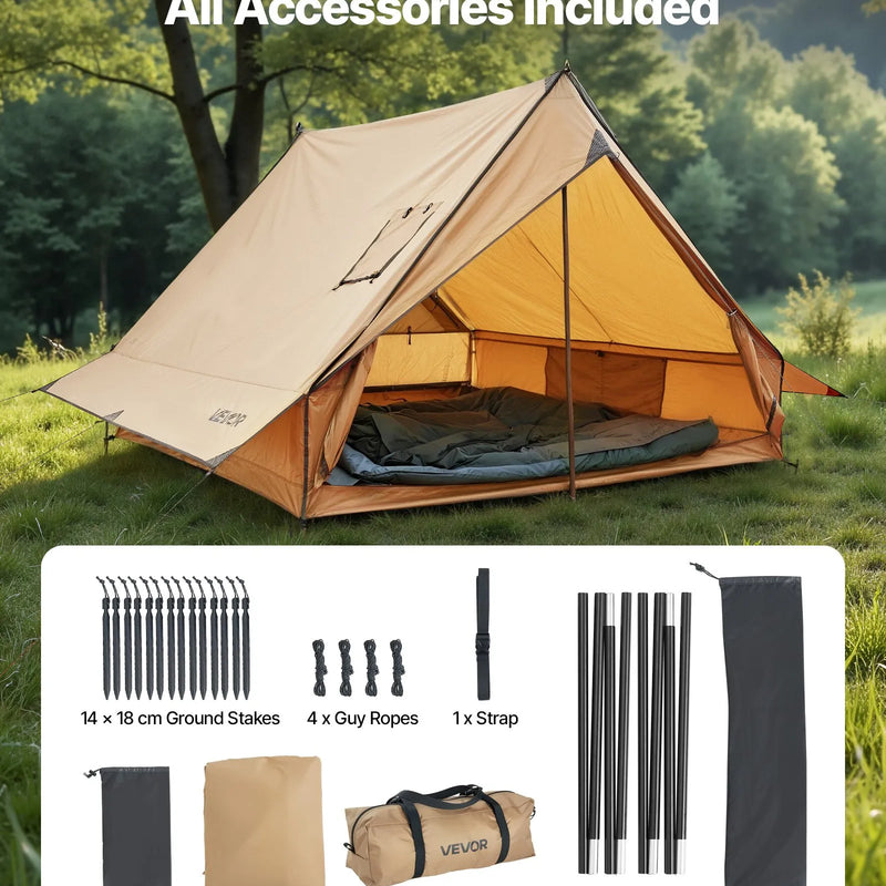 Kempinga telts 2 personām ar plīts izvadu un stieņiem, ūdensnecaurlaidīga ziemas telts ar ugunsdrošu grīdas paklāju, pārnēsājama četru sezonu telts pārgājieniem, makšķerēšanai, medībām un ceļošanai