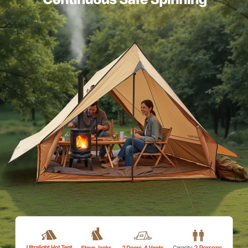 Kempinga telts 2 personām ar plīts izvadu un stieņiem, ūdensnecaurlaidīga ziemas telts ar ugunsdrošu grīdas paklāju, pārnēsājama četru sezonu telts pārgājieniem, makšķerēšanai, medībām un ceļošanai