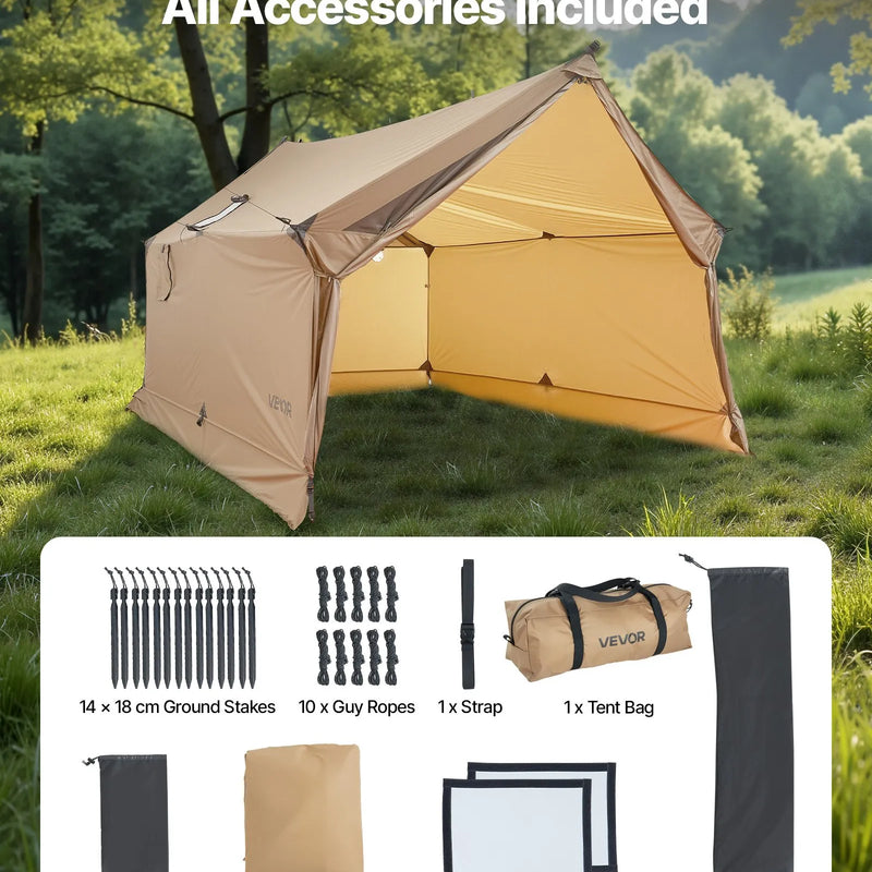 Divvietīgs kempinga telts ar krāsns izvadu, ūdensnecaurlaidīgs ziemas 4 sezonu patvērums ar ventilācijas atverēm, viegls un pārnēsājams pārgājieniem, makšķerēšanai un medībām