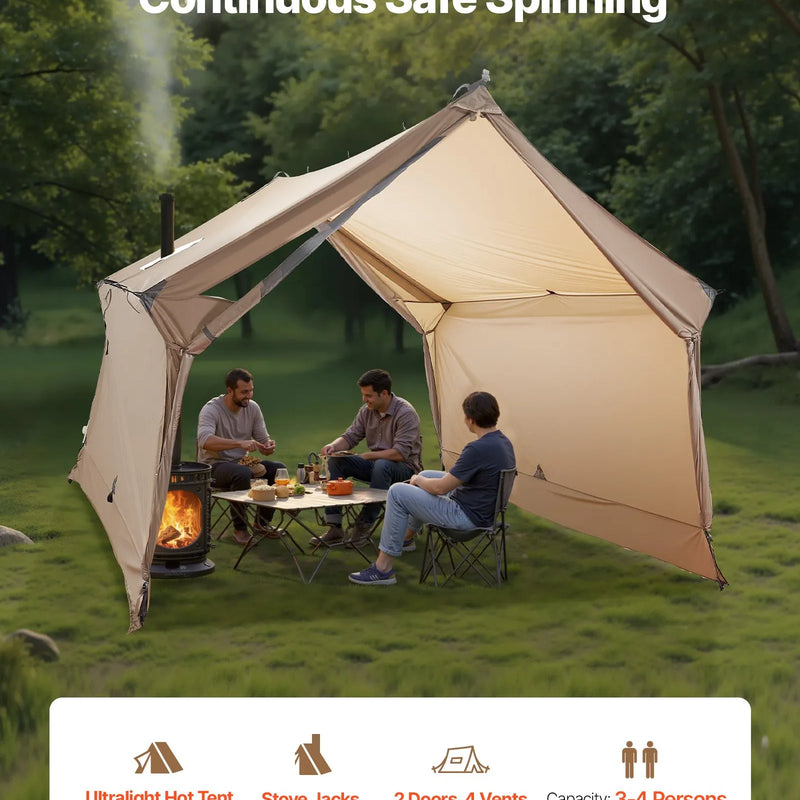 Divvietīgs kempinga telts ar krāsns izvadu, ūdensnecaurlaidīgs ziemas 4 sezonu patvērums ar ventilācijas atverēm, viegls un pārnēsājams pārgājieniem, makšķerēšanai un medībām